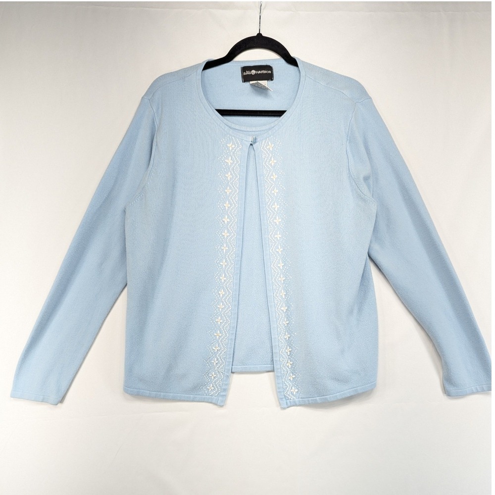 Sage‎ Harbor Cardigan Sweater Light Blue Embroidered Knit Large